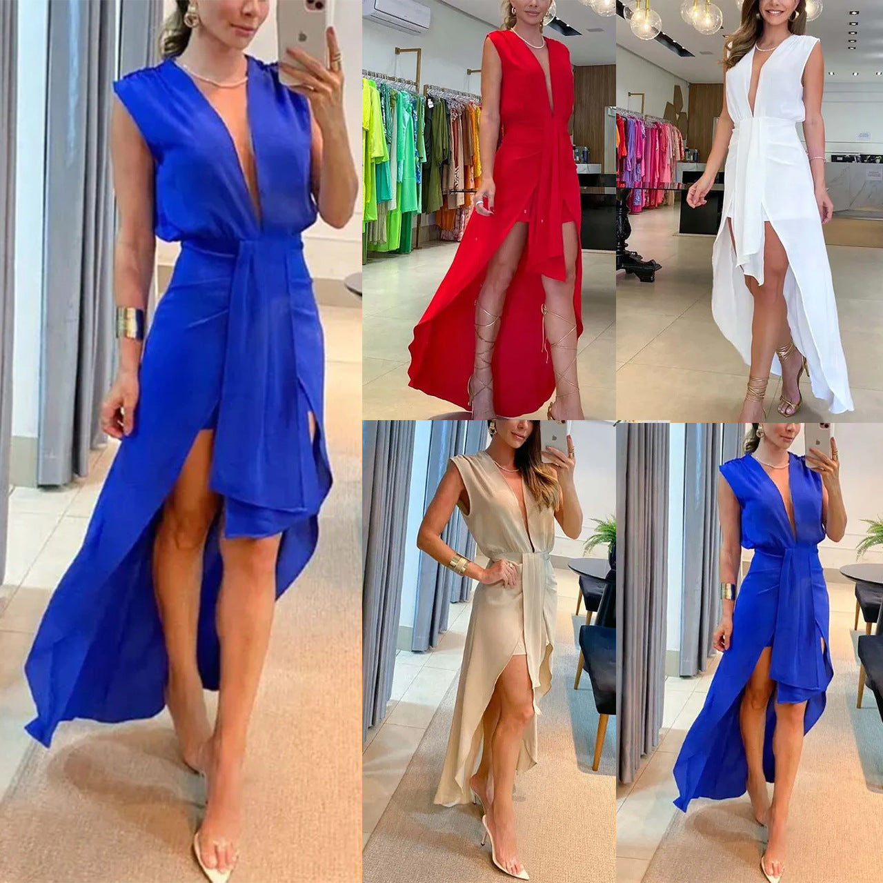 Large Deep V Plunge neck Adult Lady like Woman Sleeveless Double Layer Dress