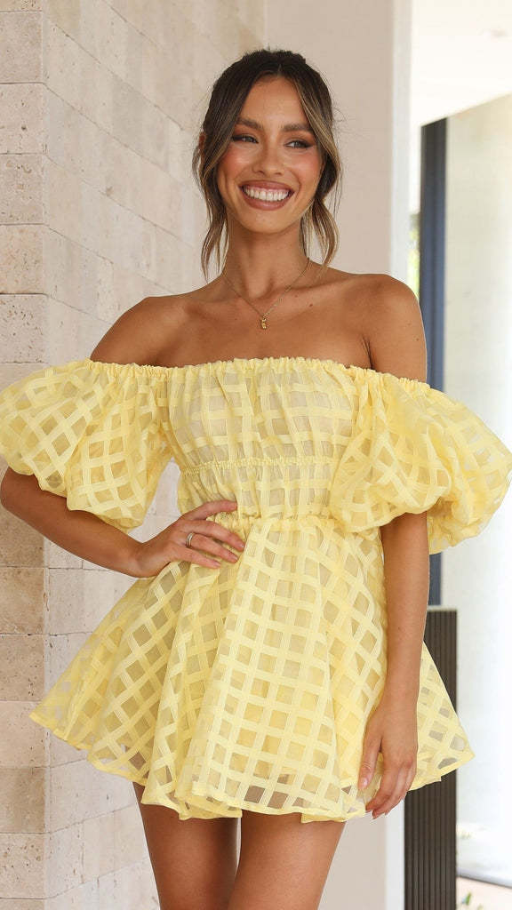 Off Shoulder Puff Sleeve Checkered Sheer Grid Babydoll Mini Dress