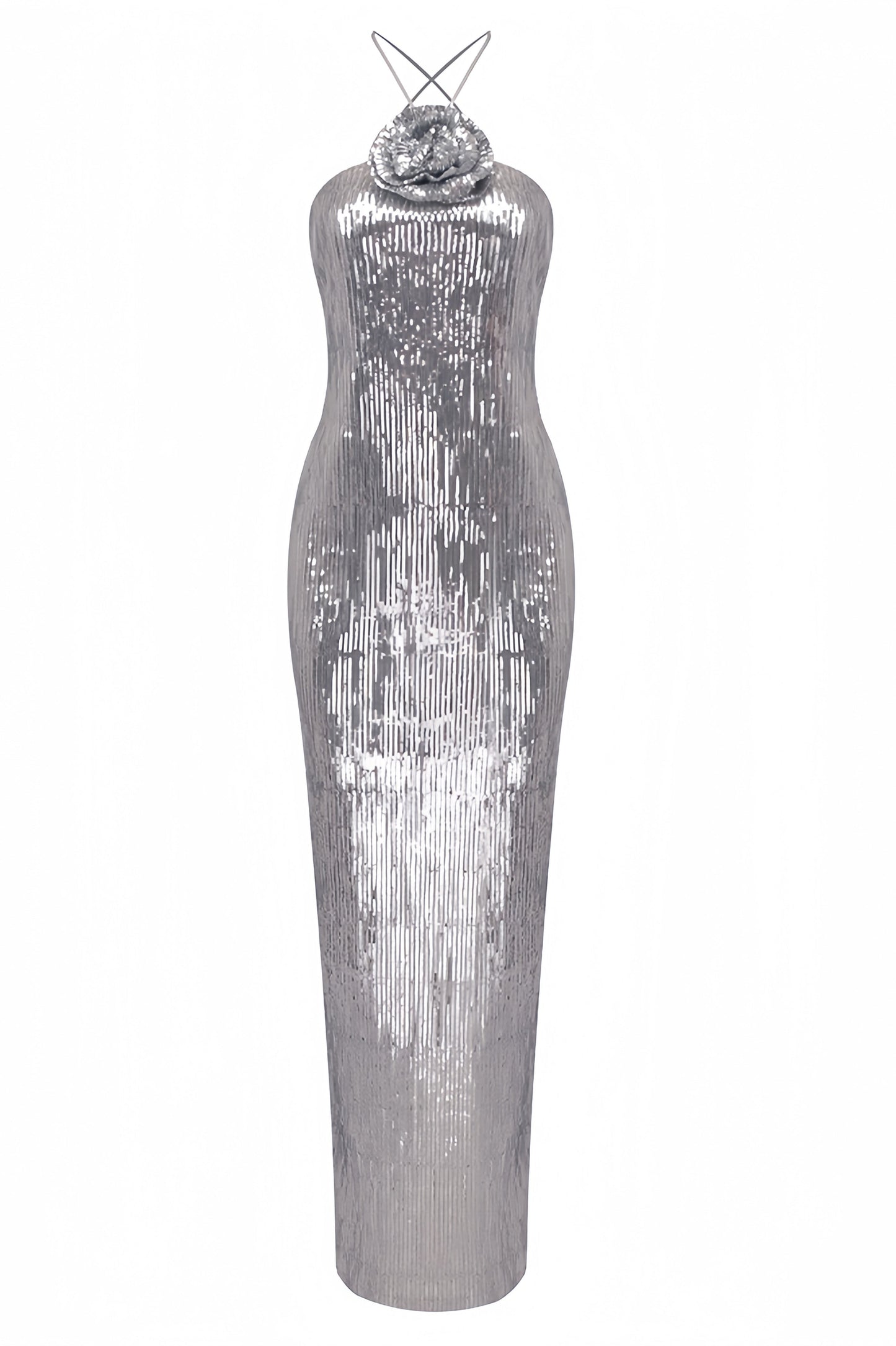 Soraya Silver Sequin 3D Floral Maxi Dress