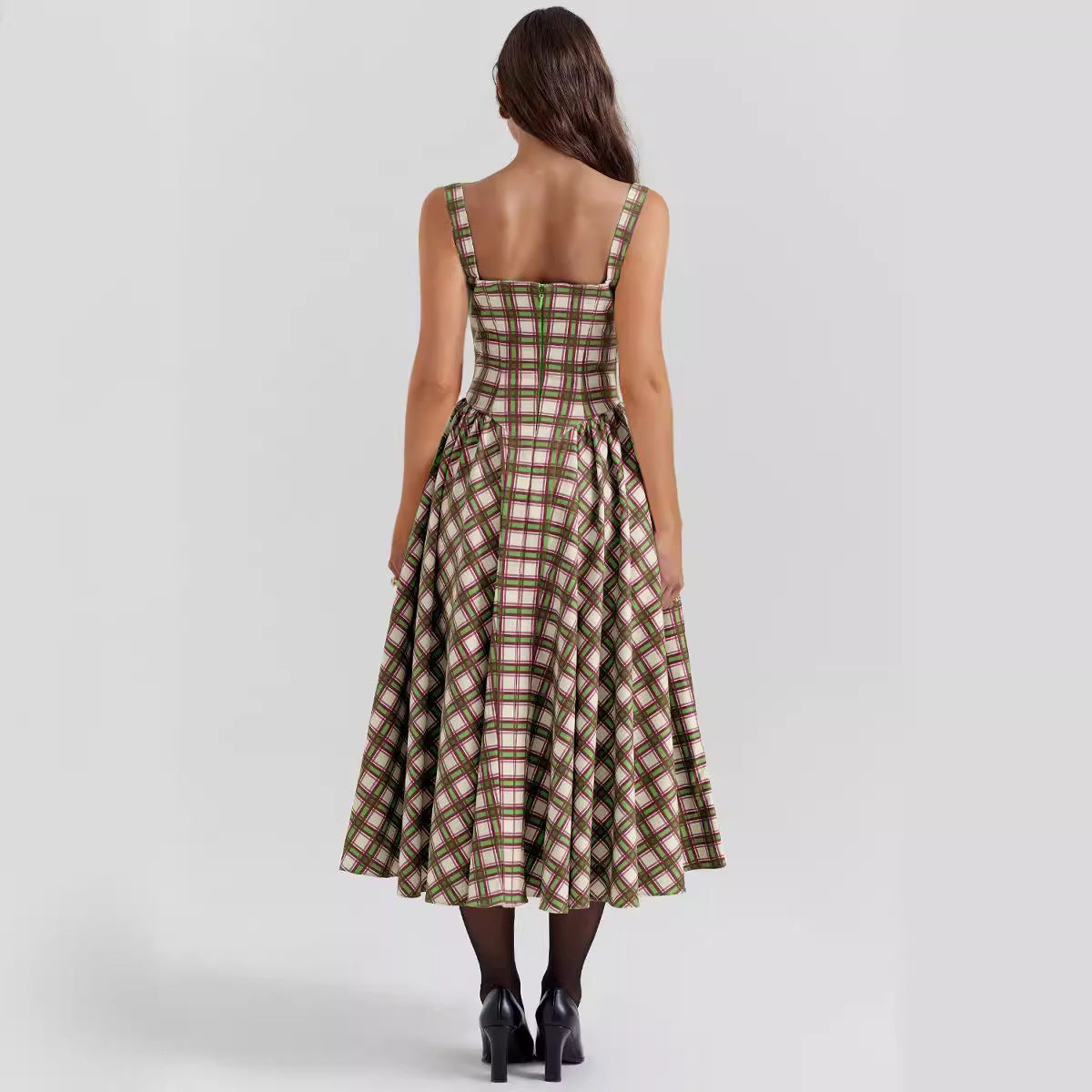 European Girl U Neck Plaid Sling Slim Waist Retro Big Swing