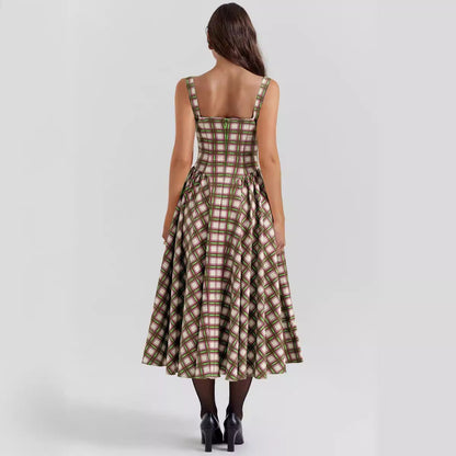 European Girl U Neck Plaid Sling Slim Waist Retro Big Swing