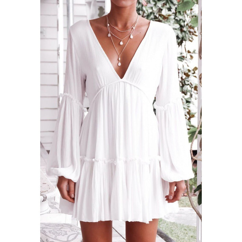 Women's White Boho Beach Mini Dress – Loose Sleeve Summer Casual Dress