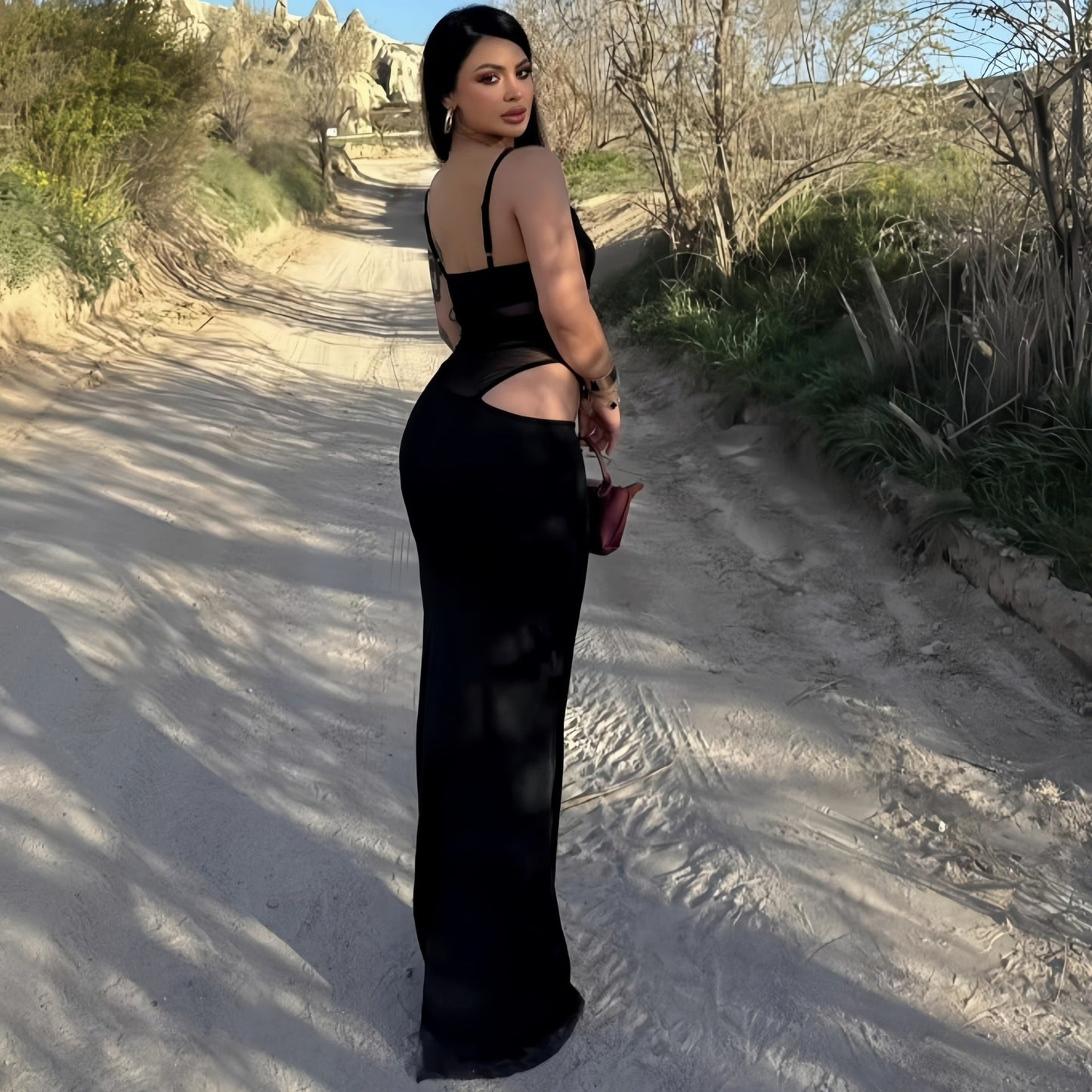 Black mesh backless suspender maxi dress women