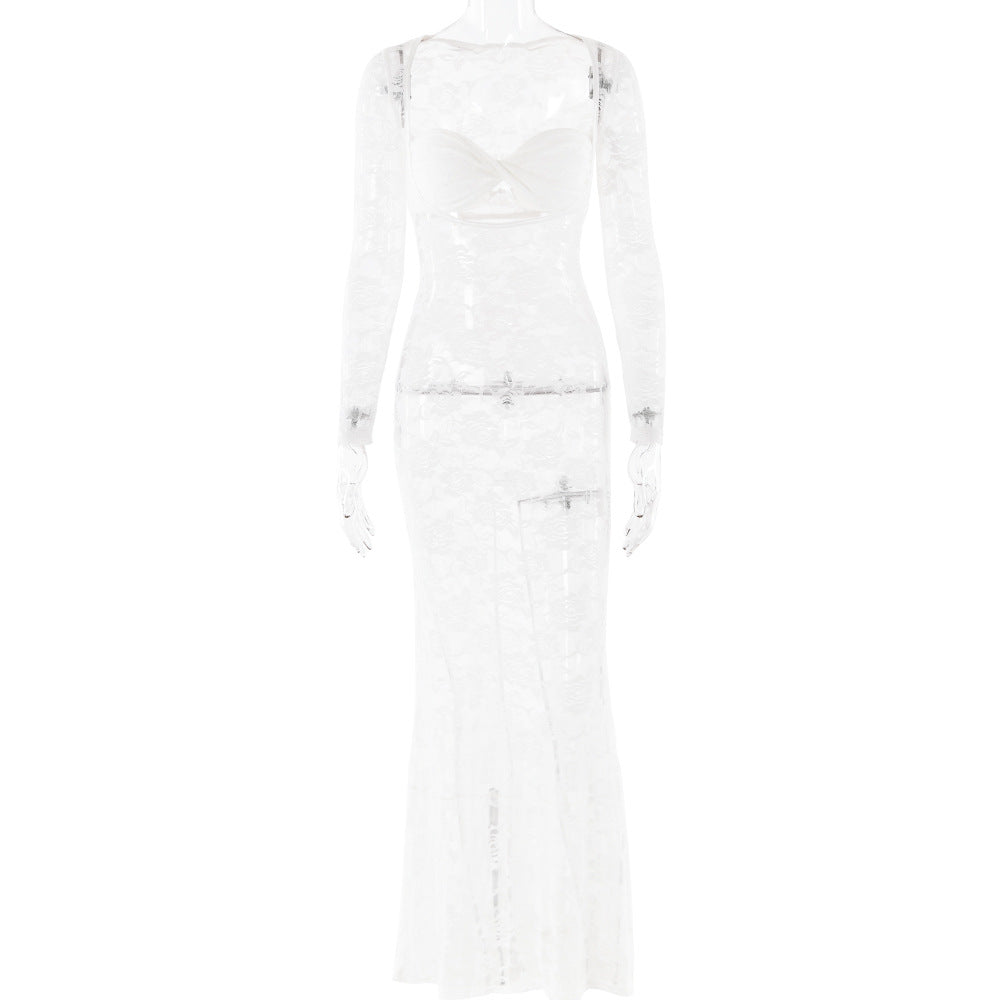 Lace See Through Long Sleeve Slim Fit Dress