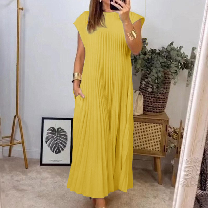 Micro Pleated Round Neck Cap Sleeve A-Line Midi Dress