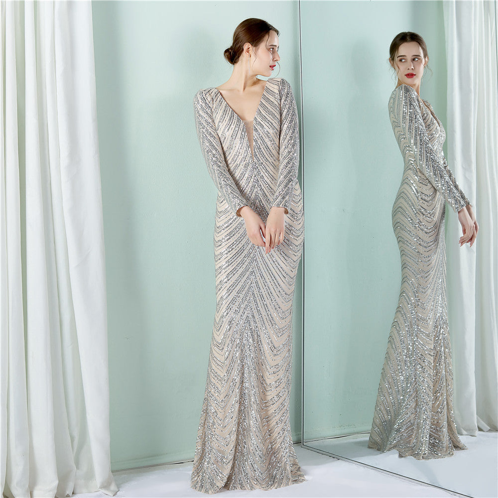 Positioning Floral Sequin Evening Banquet Elegant Long Sleeve Sequined Queen Fishtail Dress