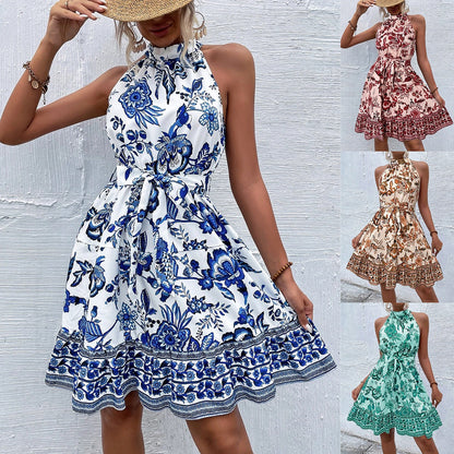 Botanical Floral Print Ruffle Halter Neck Tie Waist Border Hem Mini Dress
