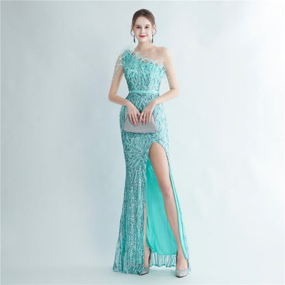 Heavy Industry Ostrich Hair Craft Beading Hair Oblique Shoulder Side Slit High End Evening Dress