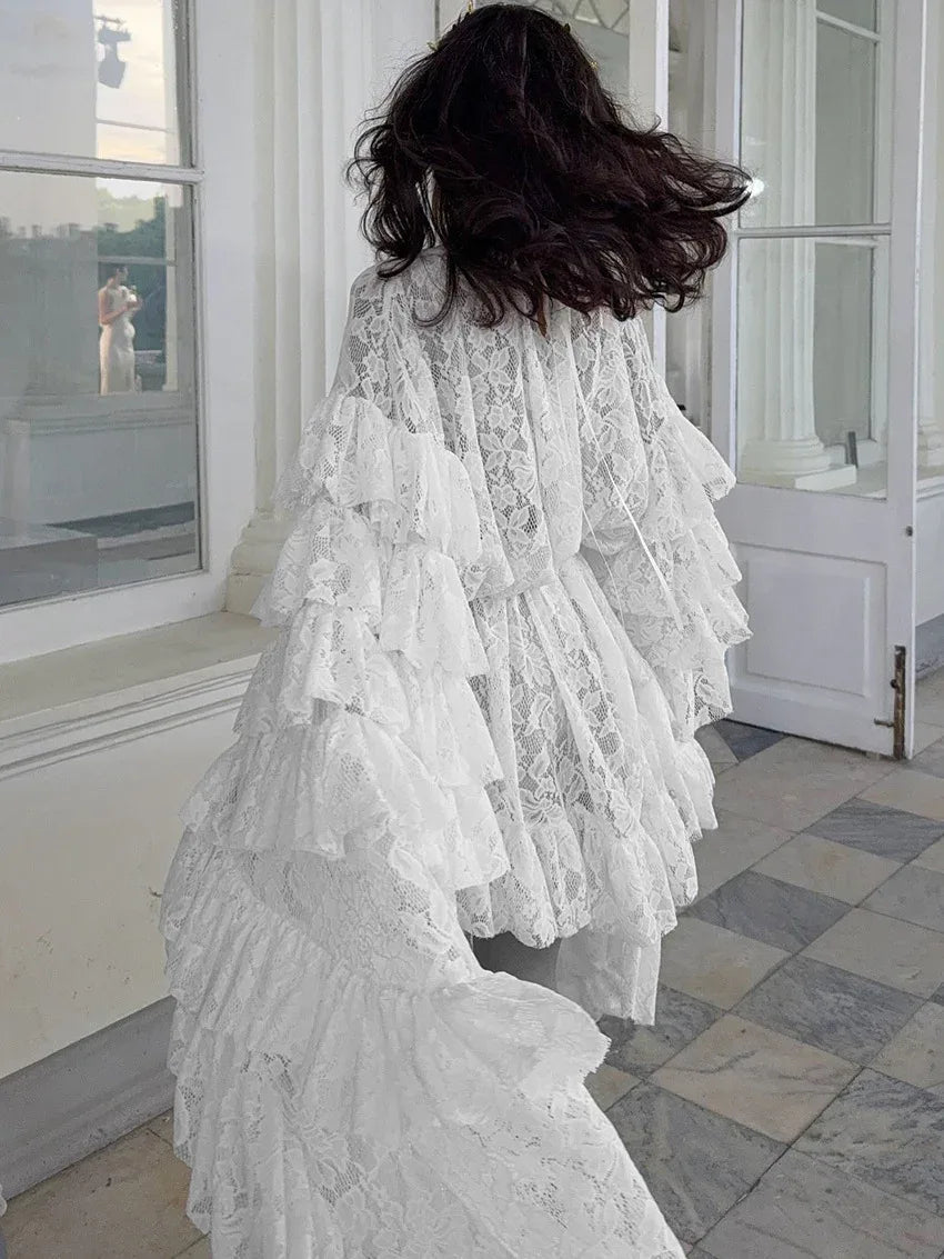 Sheer lace ruffle long sleeve mini dress