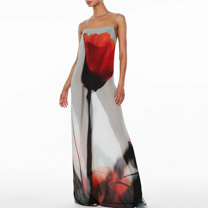 Printed See through Strap Dress off Neck Waist Maxi Dress