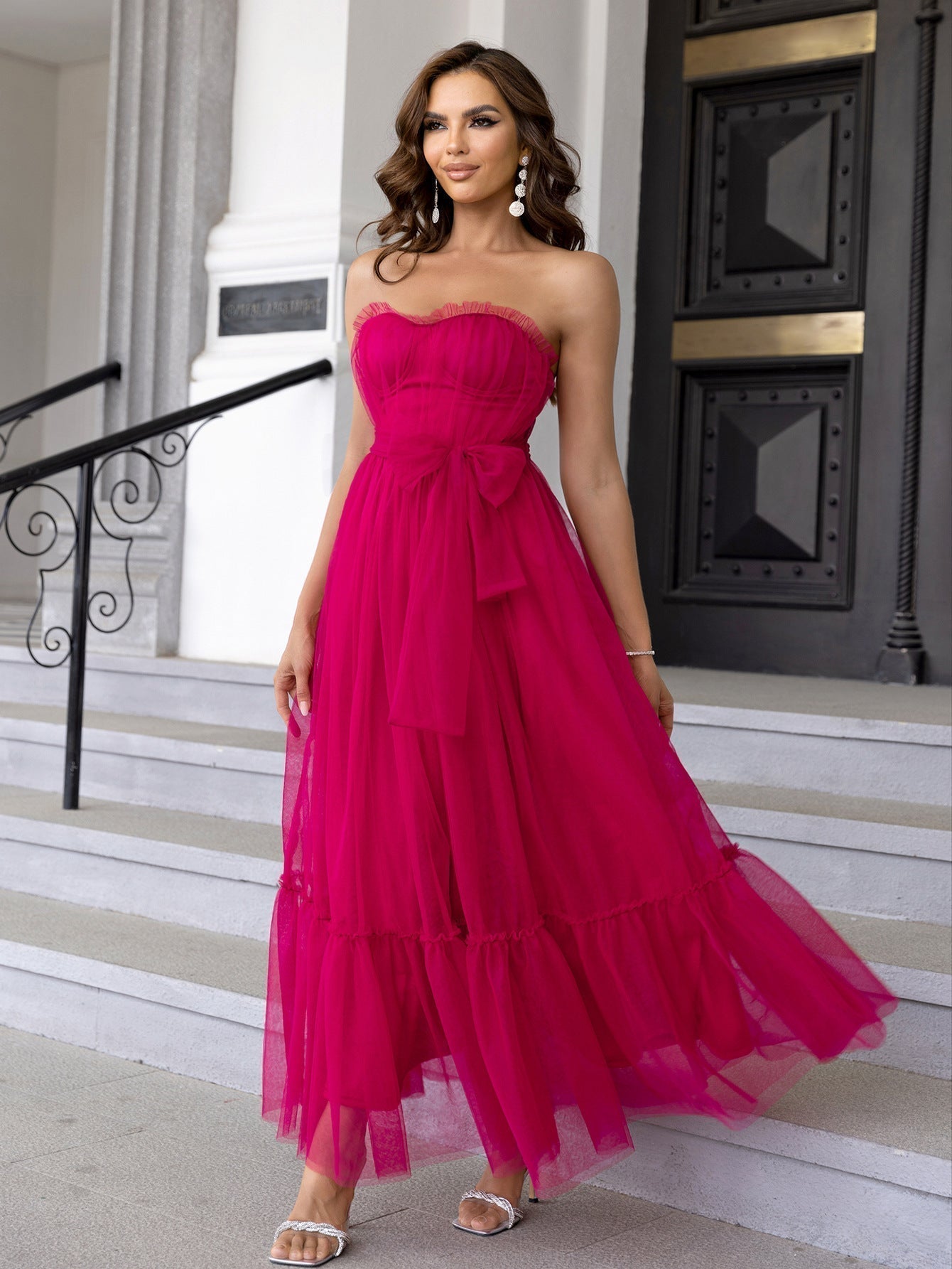 Strapless Sweetheart Ruched Tulle Waist Bow Tiered Ruffle Maxi Gown