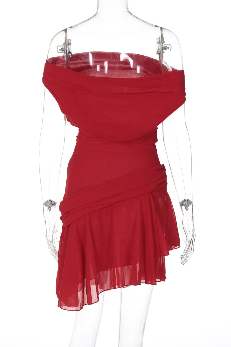 One Shoulder Ruched Draped Chiffon Tiered Asymmetrical Hem Mini Dress