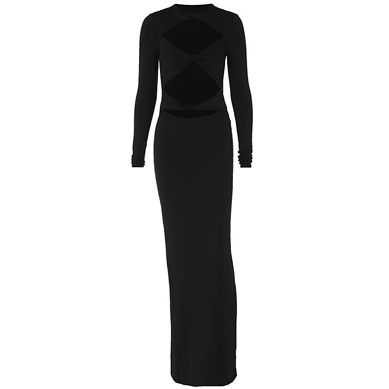 Hollowed out Solid Color Long Sleeve Slim Fit Cropped Dress