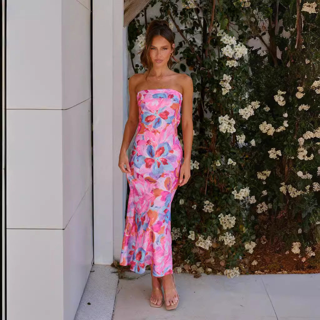Strapless Painterly Floral Print Column Midi Dress