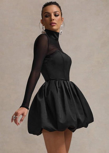 Mock Neck Sheer Sleeve Sweetheart Bubble Hem Mini Dress