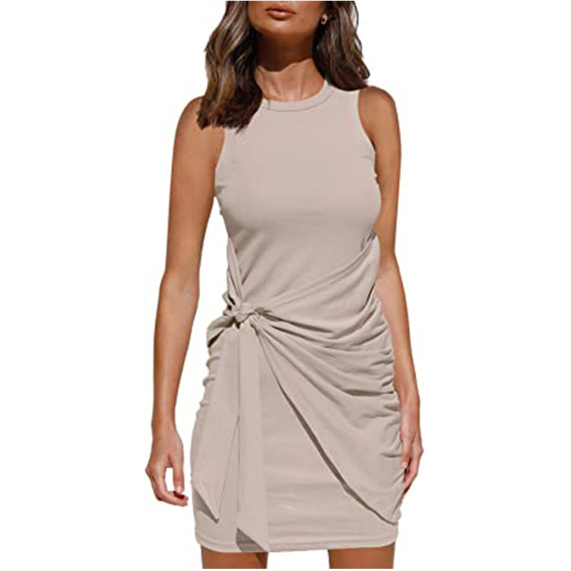 Crew Neck Side-Tie Knot Ruched Tank Bodycon Mini Dress