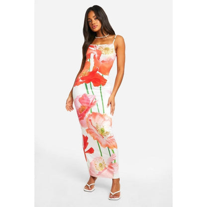 Floral Print Spaghetti Strap Square Neck Bodycon Maxi Dress