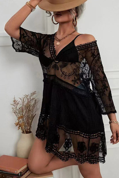 Lace V Neck Hollow Short Sleeved Cover Up