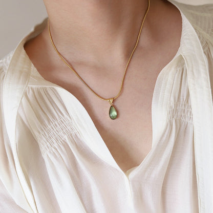 Aqua Teardrop Pendant Titanium Steel Gold Plated Necklace