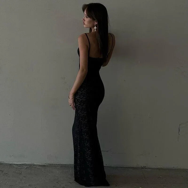 Black deep v lace long bodycon dress