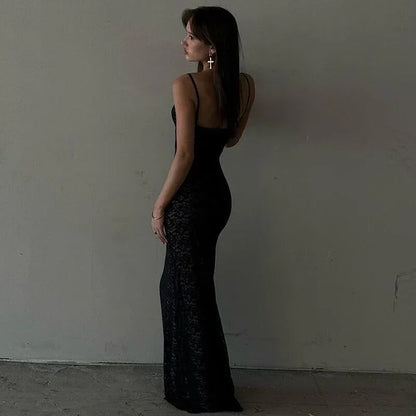 Black deep v lace long bodycon dress