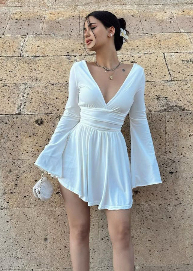 Deep V Neck Bell Sleeve Ruched Waist Wrap Fit and Flare Mini Dress