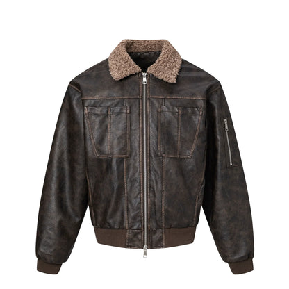 PU Leather Jacket with Lamb Wool Collar