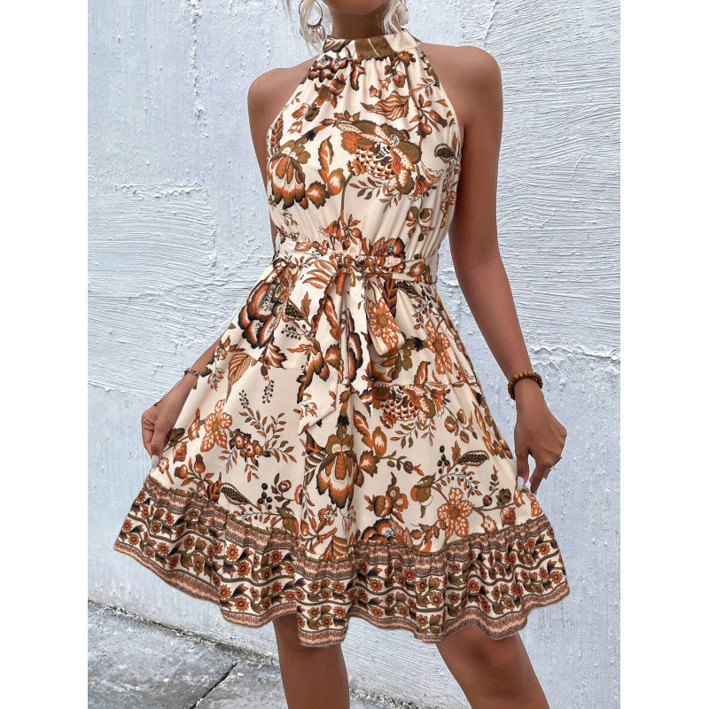Floral Print Halter Tie-Waist Ruffled Scalloped Hem Mini Dress