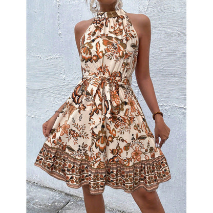 Floral Print Halter Tie-Waist Ruffled Scalloped Hem Mini Dress