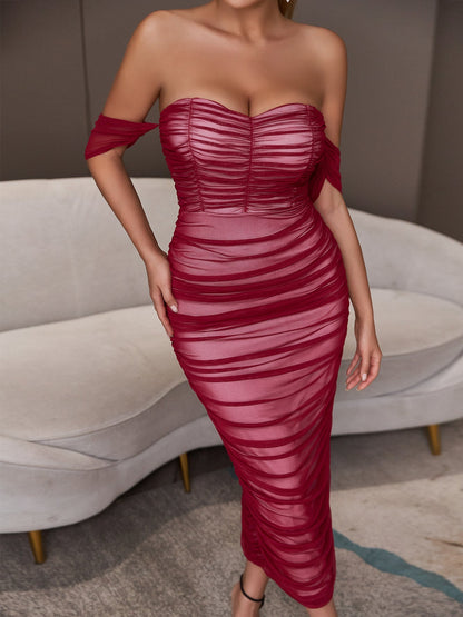 Bandeau One-Shoulder Tight Wine Red Mesh Elegant Evening Party Dress Maxi Dress