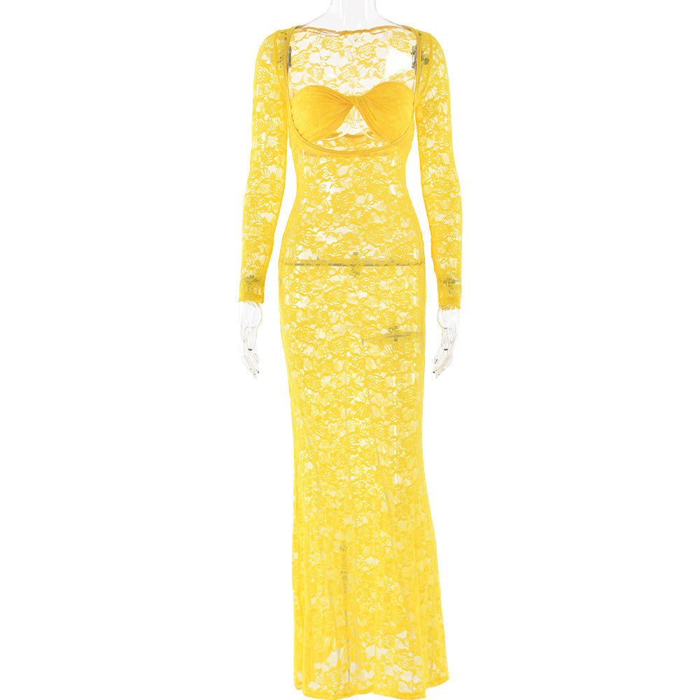 Lace See Through Long Sleeve Slim Fit Dress