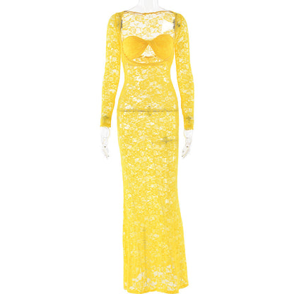 Lace See Through Long Sleeve Slim Fit Dress
