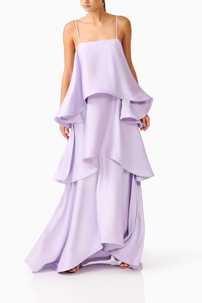 Soft and Smooth Satin Tiered Slip Square Neck A-line Maxi Dress