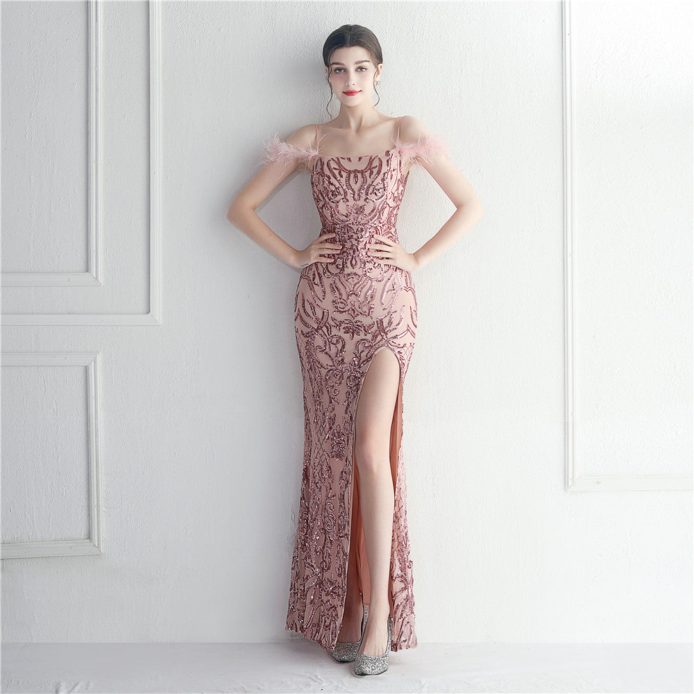 Positioning Floral Sequin Wool Binding Craft Sling Dress Long