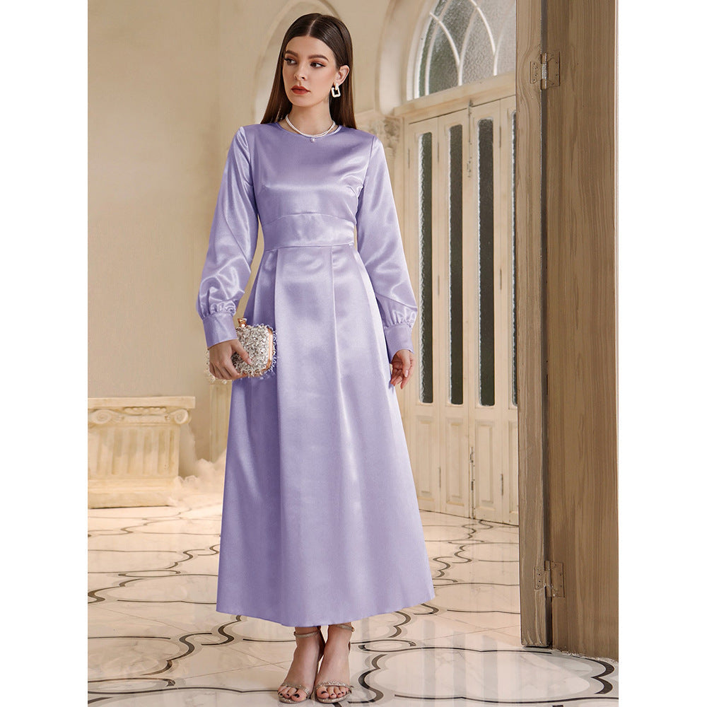 Round Neck Long Sleeve Satin A-Line Maxi Dress