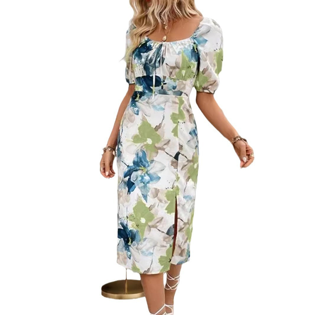 Floral Print Square Neck Puff Sleeve Tie Front Side Slit Bodycon Midi Dress