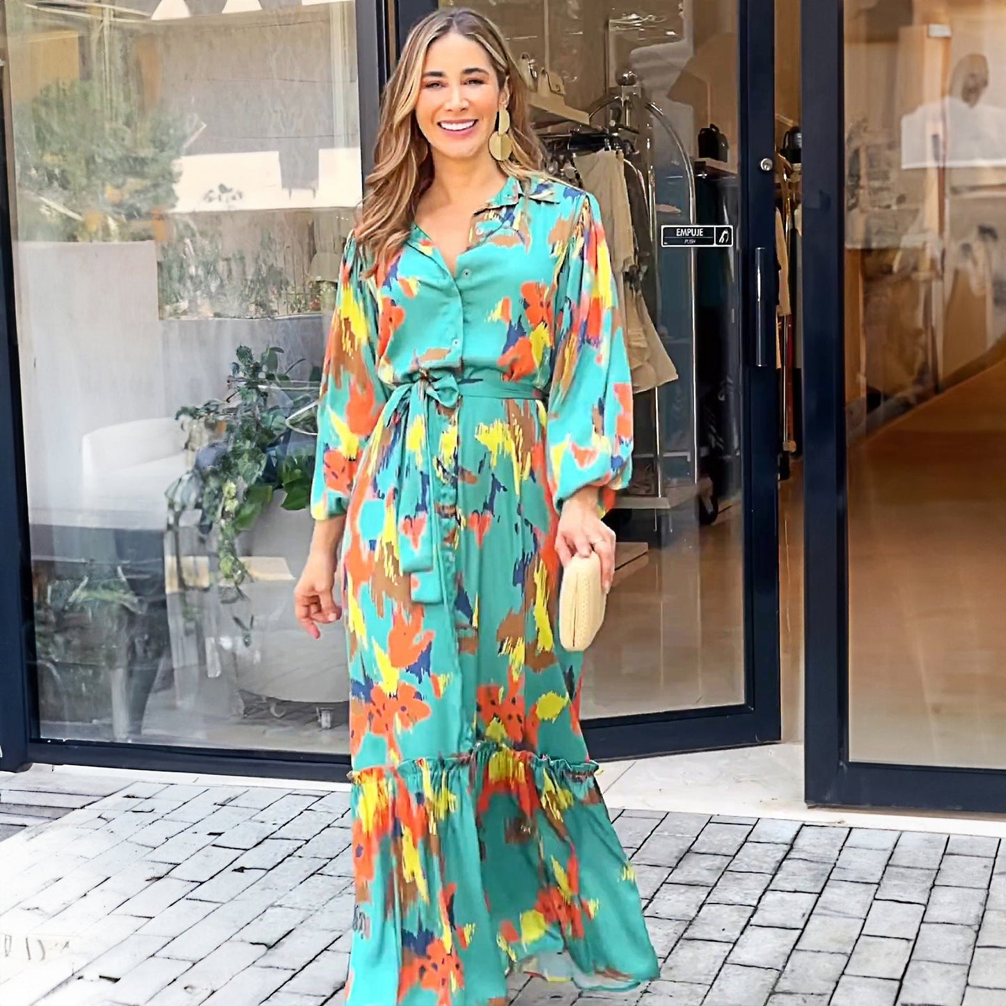 Dress Elegant Office Lace up Long Sleeve Printed Dress for