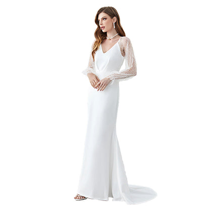 Fashionable French Elegant Mesh Stitching Sleeves Fishtail Dress