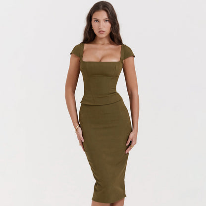 Dress Square Collar Skinny Sheath Mid Length Slim Fit Backless French