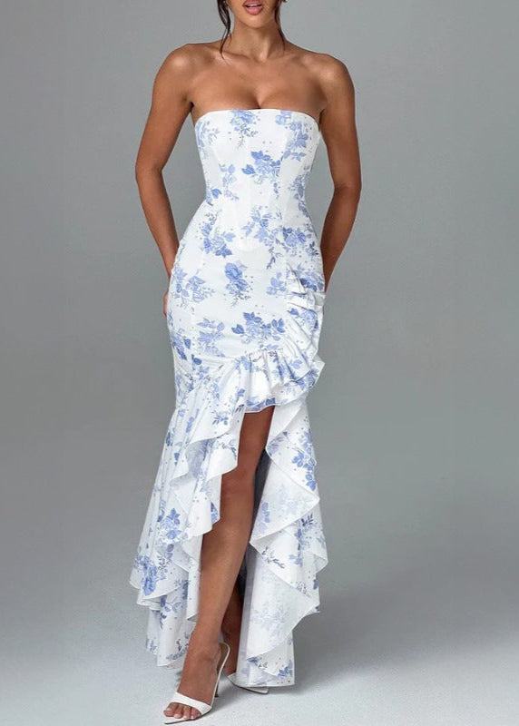 Strapless Fitted Bodice Asymmetric Ruffle High Low Floral Print Maxi Dress