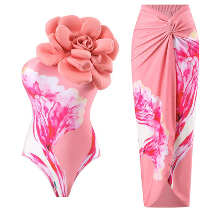 One Piece Swimsuit Skinny Slimming Big Floral Swimsuit Outfit Chiffon Dress
