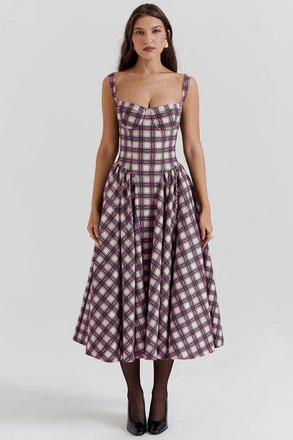 European Girl U Neck Plaid Sling Slim Waist Retro Big Swing