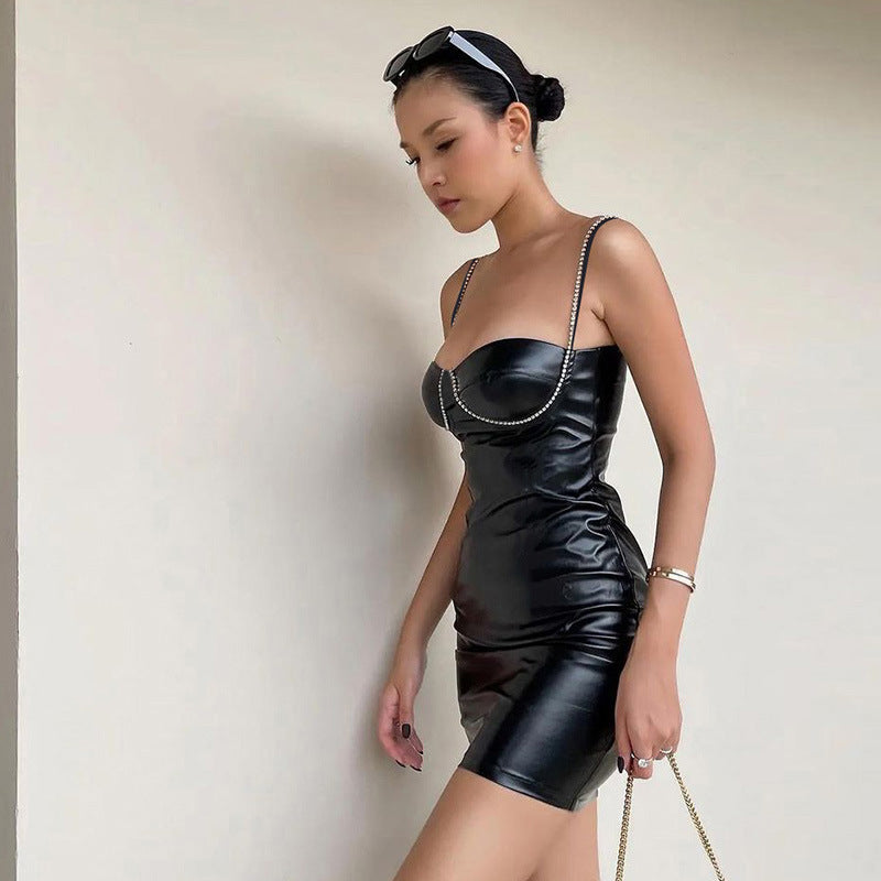 Leather Imitation Drill Chain  Slim Strap Sheath Dress