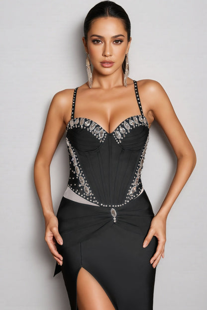 Ronetl Black Rhinestone Strapless Maxi Dress