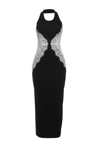 Sexy Halterneck Lace Paneled Backless Slim Maxi Dress