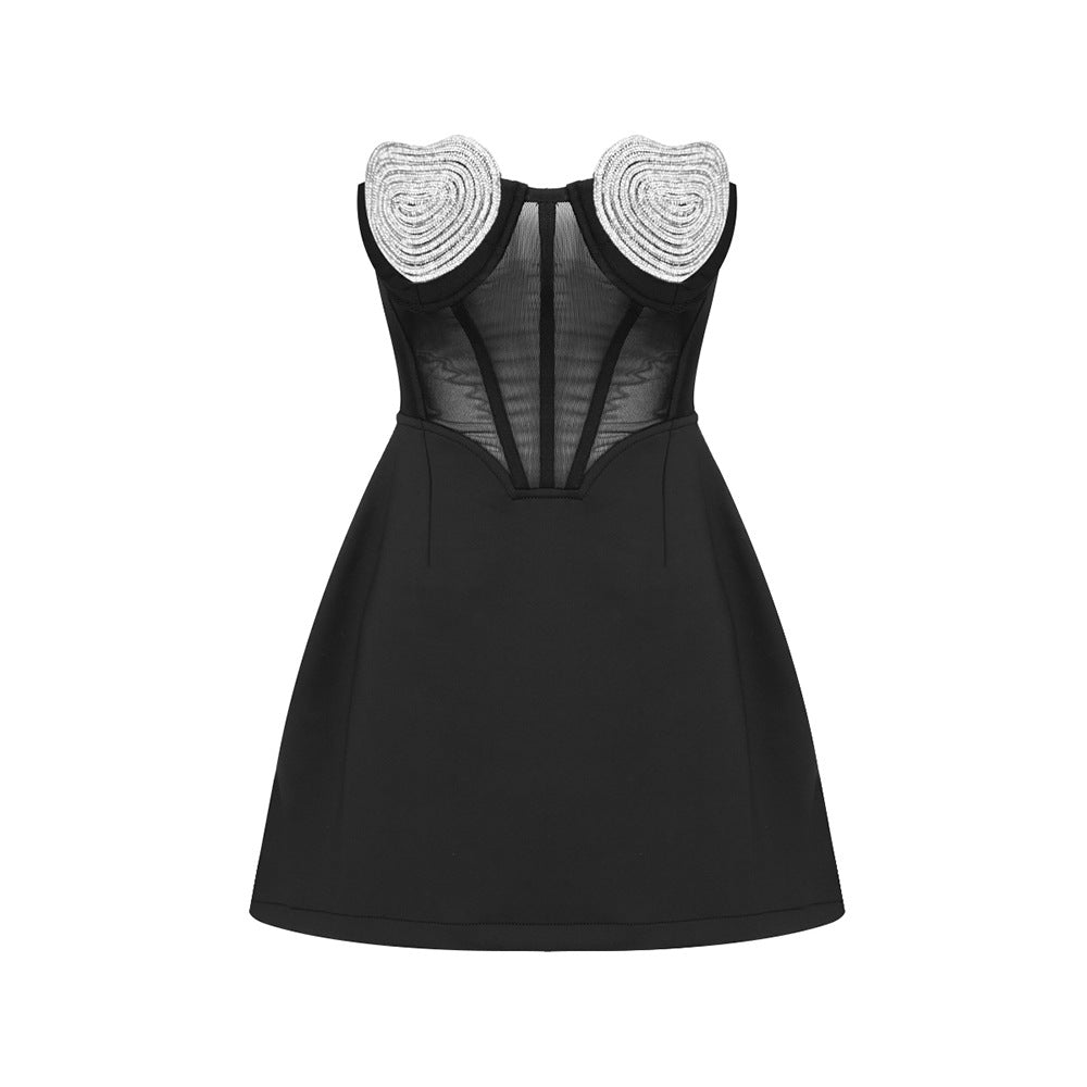 Peach Heart Drilling a Swing Strapless Dress Mesh See through Backless Dress