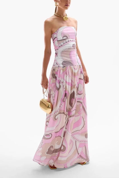 Gorgeous Pastels Unique Print Off Shoulder Low Rise Loose Maxi Dress