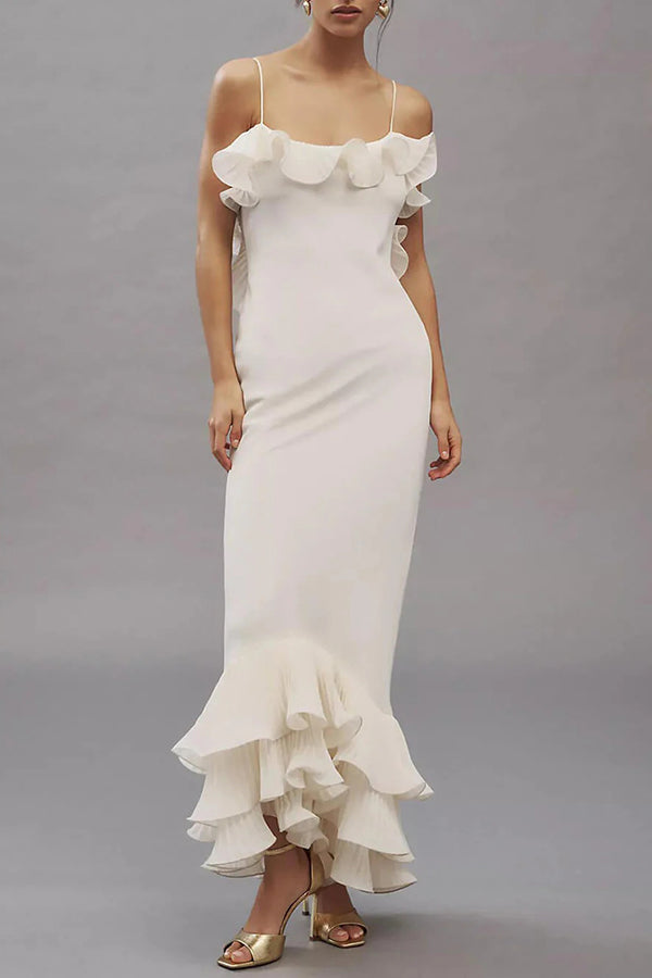 Alisin Pleated Chiffon Wavy Ruffles Trim Slip Maxi Dress