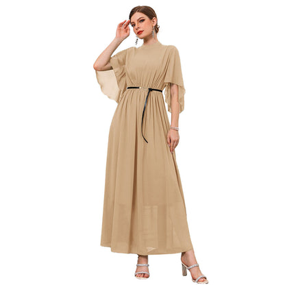 Middle East Muslim Wear High Neck Bell Sleeve Solid Color Dress