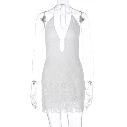 Hollow Out Cutout Out Tied Halter Lace Dress
